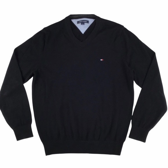 Tommy Hilfiger Black Signature Logo Solid V-Neck Sweater, Men’s Size Medium. - Picture 11 of 16